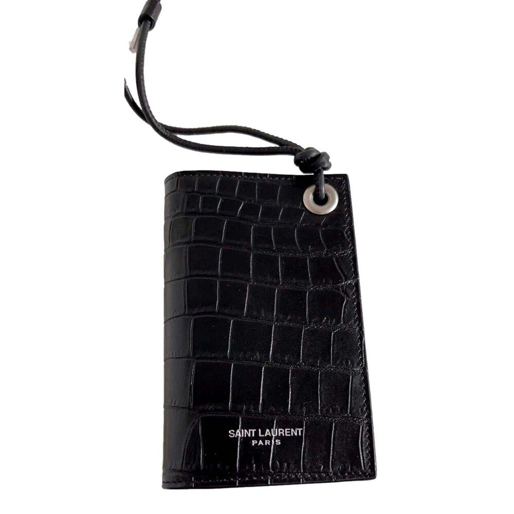 Saint Laurent Croc Embossed Black Lanyard Card Case - Picture 3 of 5
